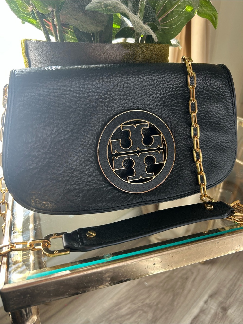 Tory Burch Black Leather Shoulder Bag with Gold Logo Chain